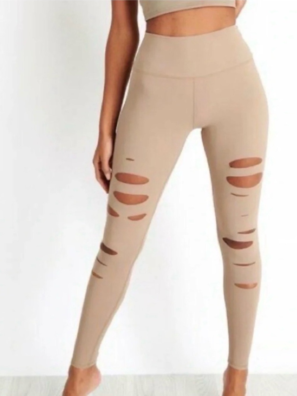 Alo High Waisted Ripped Warrior Leggings in Beige- Size XXS